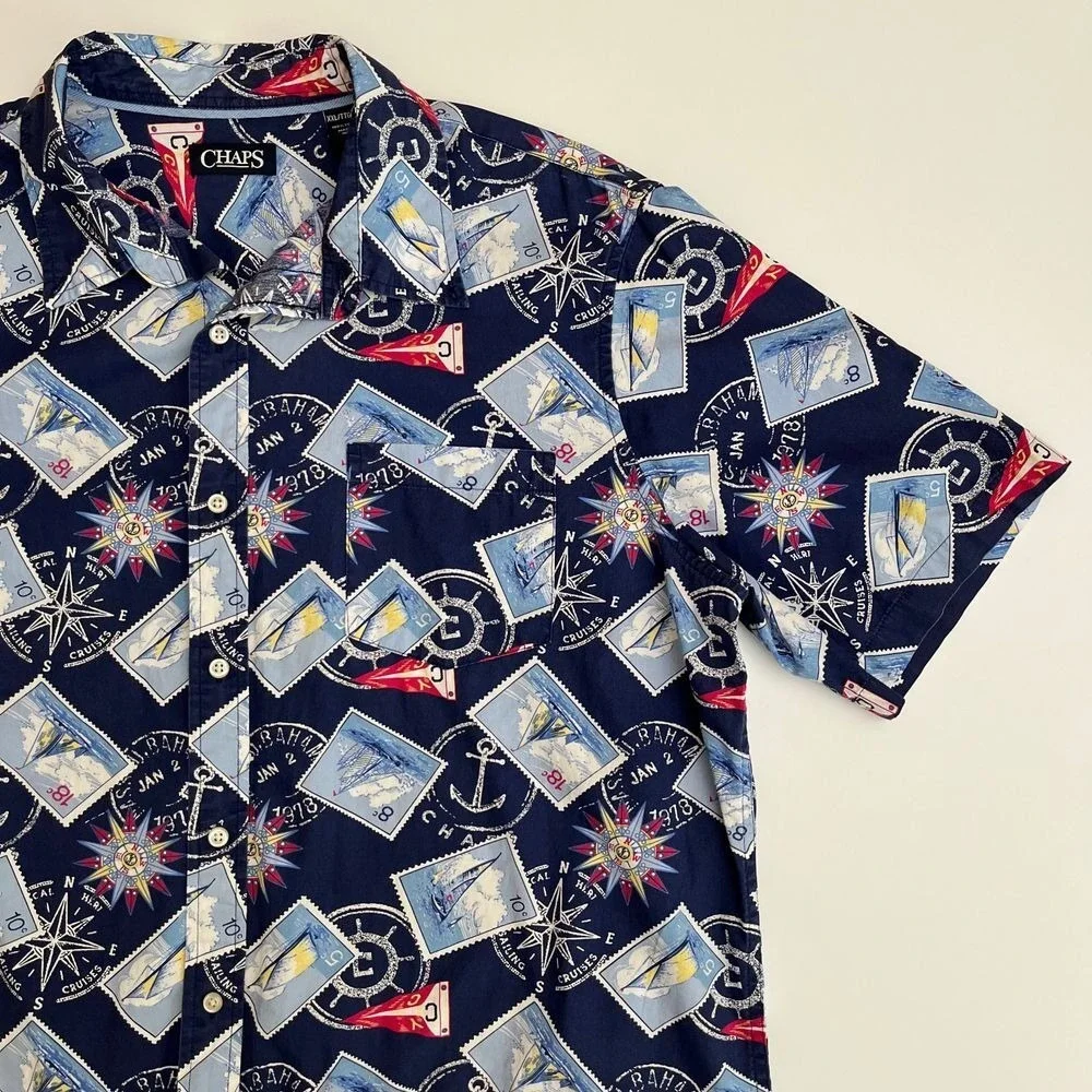 Chaps Mens Travel Stamp Blue Short Sleeve Button Down Shirt, Chaps Button Up S19